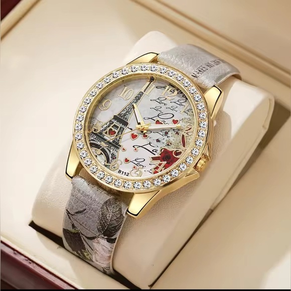 Elegant High Fashion Women’s Quartz Gold and Gray Eiffel Tower Love Watch Grey - Picture 4 of 9
